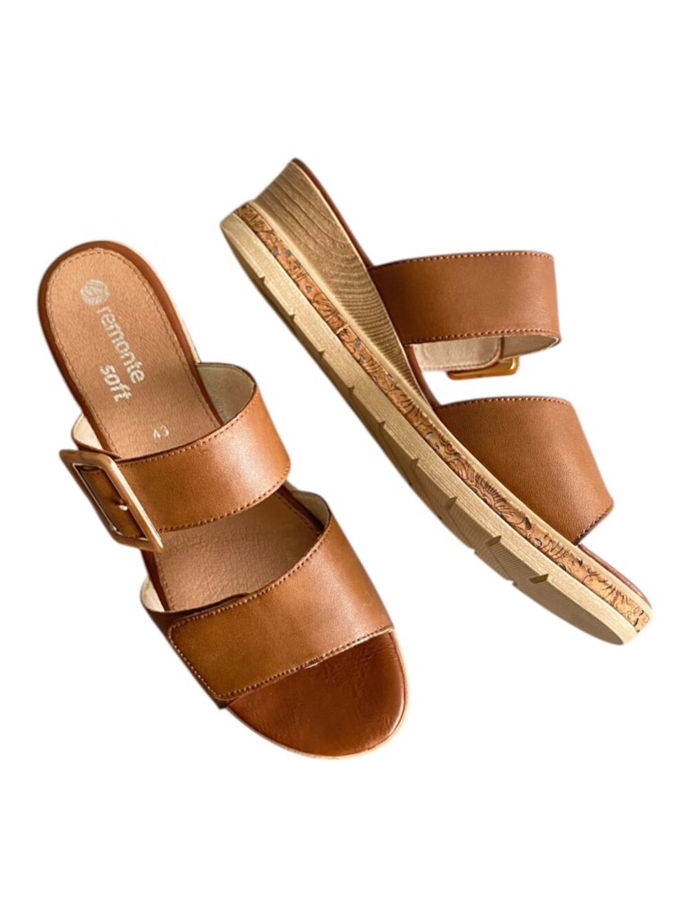 Remonte Soft Cognac Leather Adjustable Double Strap Wedge Sandals Sz 11